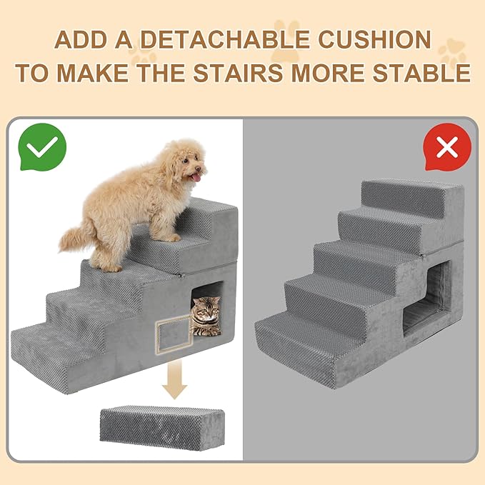 Dog Stairs for Small Dogs 23” H, 5-Step Dog Steps for High Bed, High-Density Foam Pet Stairs with Non-Slip Removable Washable Cover to Get on Bed-PawvioPets