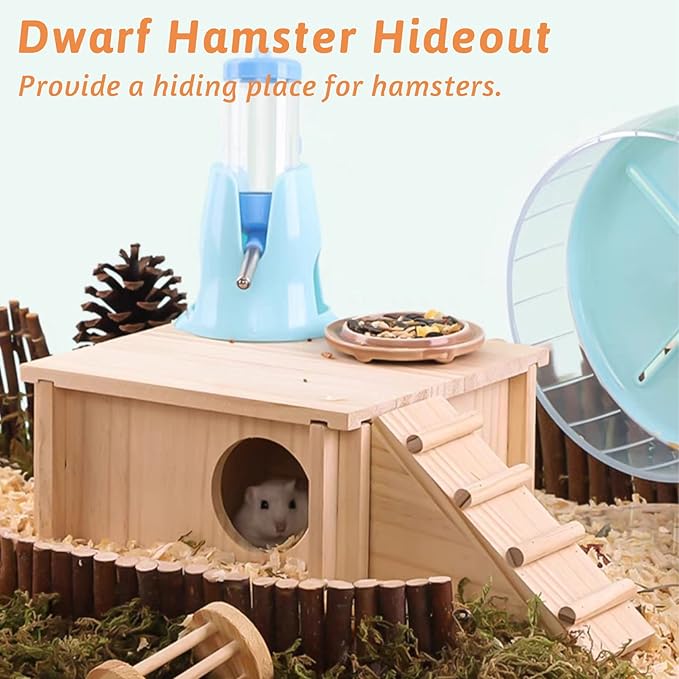 Fhiny Wooden Hamster Hideout for Small Animal, Gerbils Chamber Hut with Ladder Habitats Decor, Maze Climbing Toys for Dwarf Syrian Hamsters Mice and Other Small Pets-PawvioPets