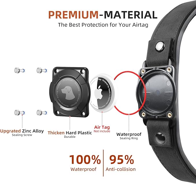 AirTag Dog Collar - Leather Dog Collar with Air Tag Holder | IPX8 Waterproof, Reflective, High - End, Adjustable Soft Padded | Dog GPS Tracker Collars Fit for Medium Large Dogs (Black, L)-PawvioPets