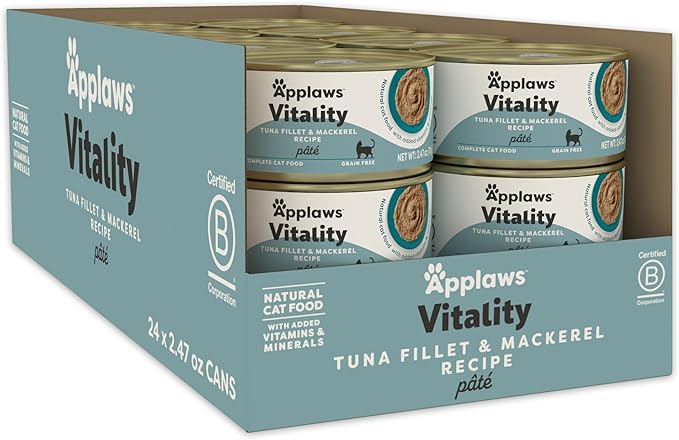 Applaws Vitality Wet Cat Food Paté, Natural Canned Cat Food, Wet Food for Cats with Added Vitamins and Minerals, Grain Free, Carrageenan Free, Tuna Fillet and Mackerel Recipe (24 Count, 2.47 oz Cans)-PawvioPets