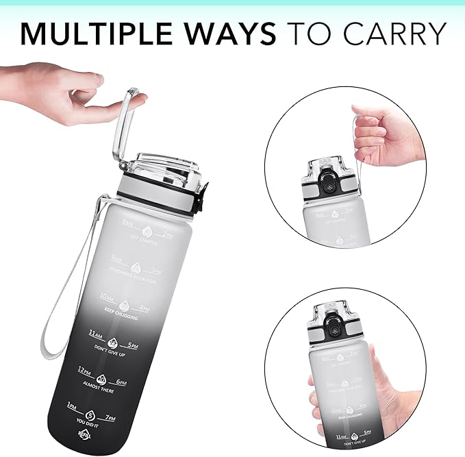 32oz Motivational Water Bottles with Time Marker & Fruit Strainer, Transparent Gradient Color Water Bottle with Times to Drink, Leakproof & BPA Free, Reusable Bottle with Strap (No Straw)-PawvioPets