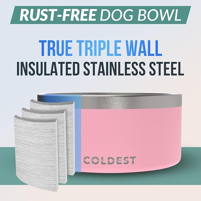 Coldest Dog Bowl - Anti Rust Metal, Non Slip, 3 Layers Insulated Stainless Steel Dog Bowls - Spill Proof & Heavy Duty - Water Bowl for Dogs, Cats & Pets, Dish Washer Safe (200 oz, Cotton Candy Pink)-PawvioPets