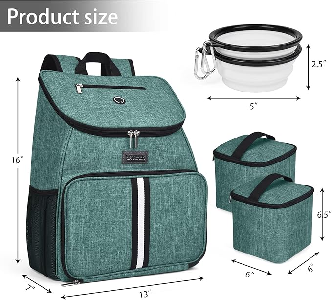 BAGLHER丨Dog Travel Bag, Airline Approved Pet Supplies Backpack, Dog Travel Backpack Accessories Set with 2 Silicone Collapsible Bowls and 2 Food Baskets. Green-PawvioPets
