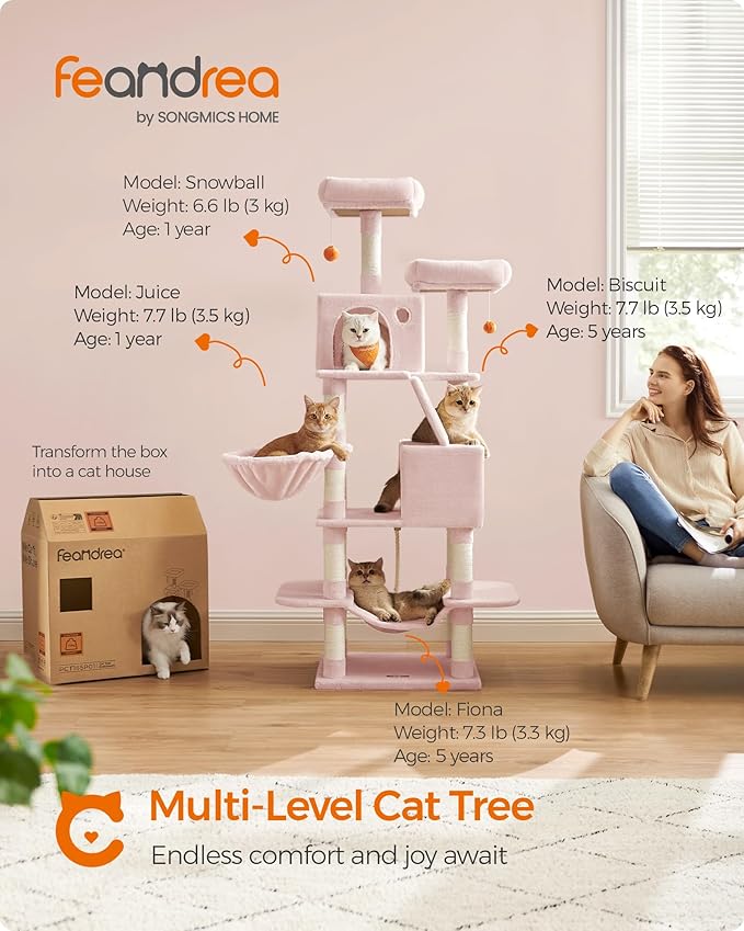Feandrea Cat Tree, 66.1-Inch Large Cat Tower with 13 Scratching Posts, 2 Perches, 2 Caves, Basket, Hammock, Pompoms, Multi-Level Plush Cat Condo for Indoor Cats, Jelly Pink UPCT165P01-PawvioPets