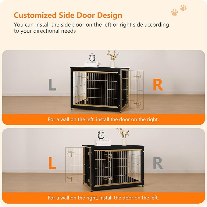 DWANTON Dog Crate Furniture with Cushion, Wooden Kennel Table with Double Doors, Indoor Dog House, Large Size, 38.5" L, Black+Gold-PawvioPets