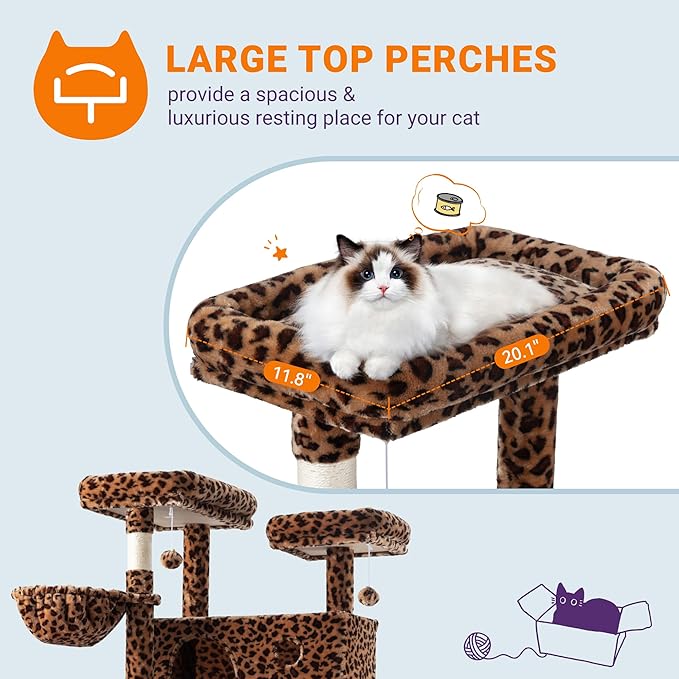 Allewie 81 Inches Tall Cat Tree/Multi-Level Large Climbing Tree House and Towers for Big Feline/Condo and Hammock/Scratching Post/Wide Base/Leopard Print-PawvioPets