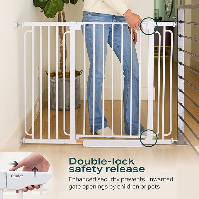 Cumbor 36" Extra Tall Baby Gate for Stairs, 29.7-57" Extra Wide Dog Gate for Doorways Hallways, Pressure Mounted Child Gate for Wide Opening, Auto Close Personal Safety for Babies and Pets, White-PawvioPets