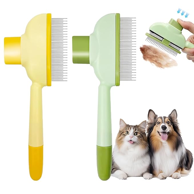 Flea Combs for Cats and Dogs with Release Button,Long & Short Stainless Steel Teeth for Deshedding, Fine Tooth Pet Brushes for Grooming Pet Hair Removal for Long and Short Hair 2 Pack-PawvioPets