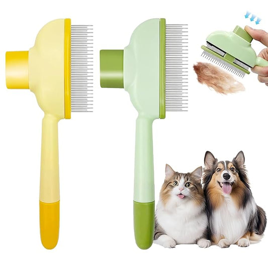 Flea Combs for Cats and Dogs with Release Button,Long & Short Stainless Steel Teeth for Deshedding, Fine Tooth Pet Brushes for Grooming Pet Hair Removal for Long and Short Hair 2 Pack-PawvioPets