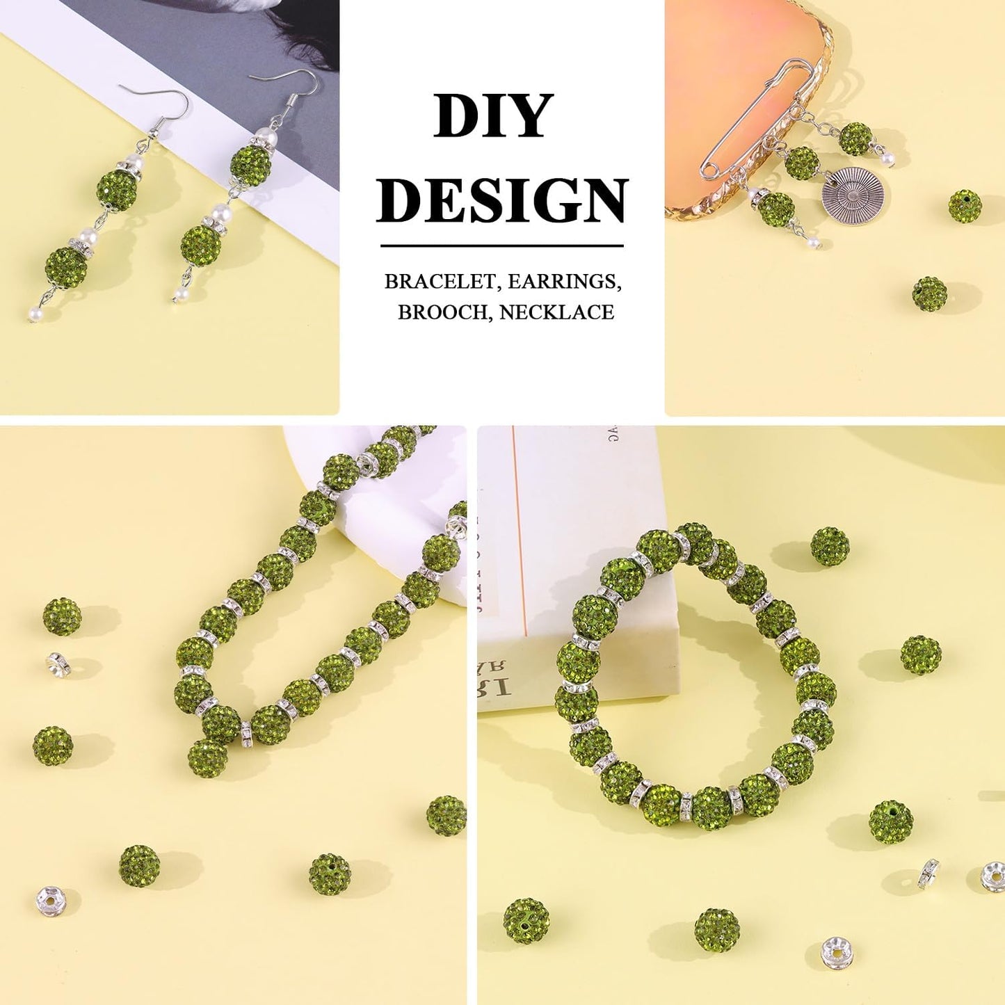80pcs 10mm Olivine Rhinestone Beads for Jewelry Making, Shiny Round Shamballa Clay Christmas for Bracelet Baseball Necklace Earring and DIY Decoration Crafting