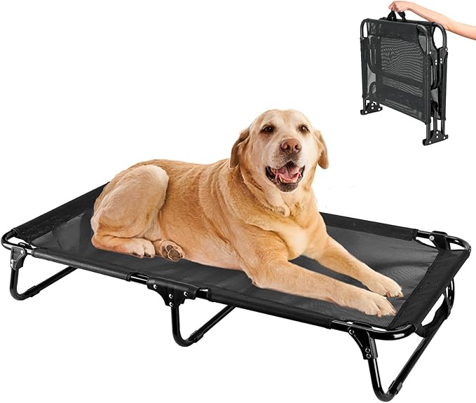 Elevated Dog Bed, Foldable Pet Bed with No Assembly, Cooling Raised Bed with Breathable Mesh, No-Slip Feet Durable Dog Cots Beds for Indoor & Outdoor Use, Black (L:43"x23"x7")-PawvioPets
