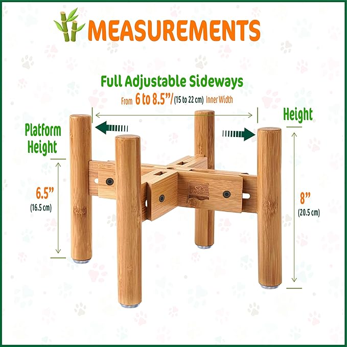 Dog Bowl Stand for Medium Breeds - Raises Bowls to 9-inch High, Ants/Bugs-Off - Adjustable, Fits Various Sizes of Dog Food/Water Bowls and Slow Feeders - Bamboo-PawvioPets