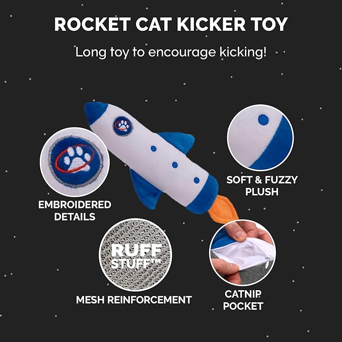 Furhaven Plush Cat Toy w/ Catnip for Indoor Cats, Washable & Durable w/ Refillable Catnip Pocket - Rocket Kicker Plush Toy - White/Blue, One Size-PawvioPets
