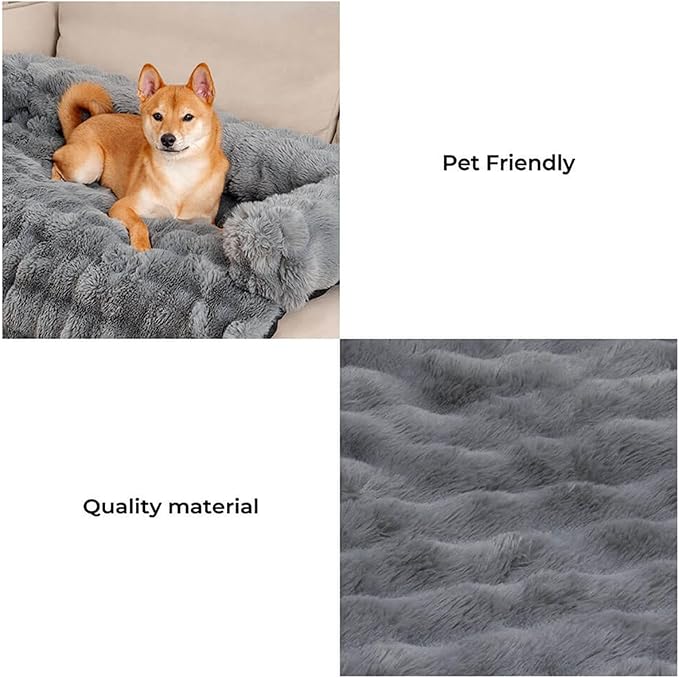 FUNNY FUZZY Pet Fluffy Fuzzy Calming Dog Couch Bed Sofa Protector Washable Pets Mat for Large Medium Small Dogs and Cats (Grey,37.4 × 33.46 × 6.3 in)-PawvioPets