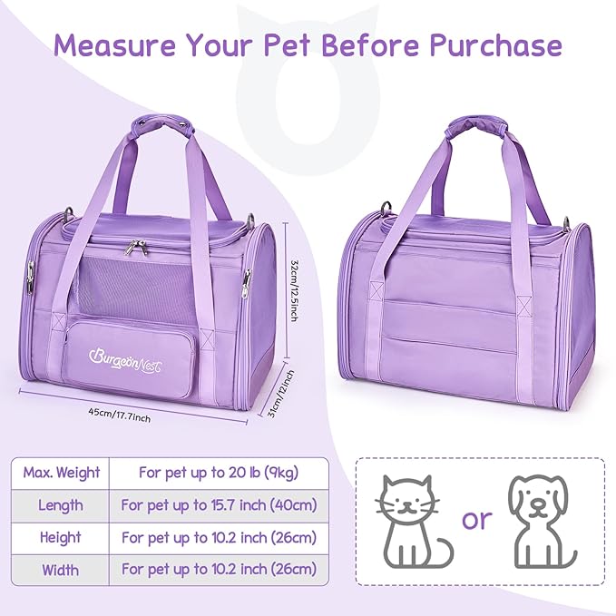 BurgeonNest Cat Dog Carrier, Cat Carriers for Large Medium Cats 20 lbs, Soft Sided Puppy Kitten Pet Carrier Under 25 lbs, Collapsible Travel Cat Carrier with Unique Side Bag (Medium)-PawvioPets