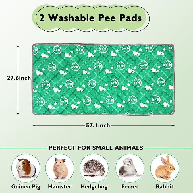 2 Pack Guinea Pig Bedding - Washable Guinea Pig Liners for C&C 2x4 Cage, Waterproof Reusable & Anti Slip Pee Pads Super Absorbent Mats for Small Animal Rabbit Hamster Rat (Green, 57 x 28 Inch)-PawvioPets