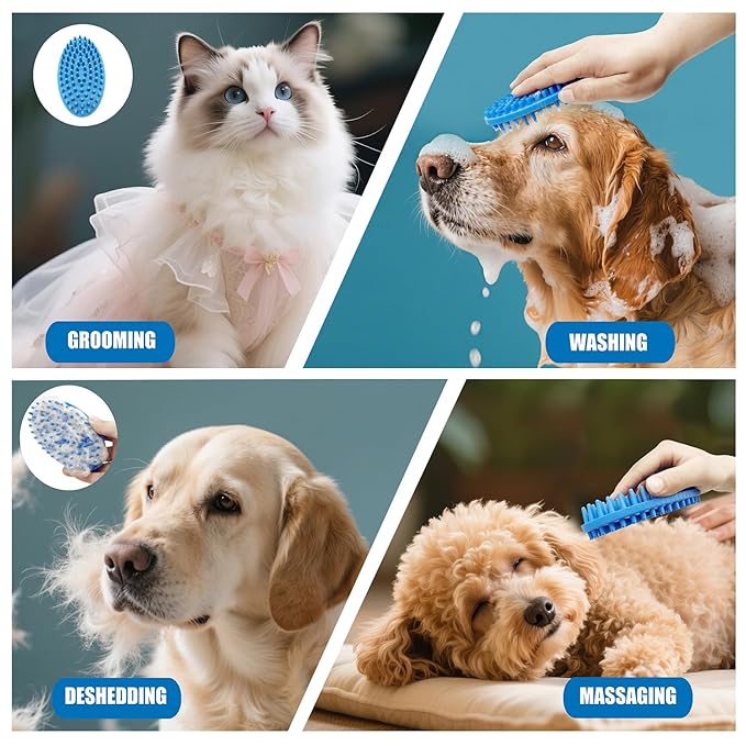 Dog Grooming Brush, Lilpep Pet Shampoo Bath Brush Soothing Massage Rubber Comb with Adjustable Ring Handle for Long Short Haired Dogs and Cats (2 pale blue, 2 sided brush)-PawvioPets