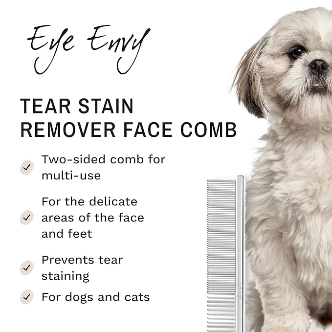 Eye Envy Tear Stain Remover Comb for Dogs and Cats. Fine/Coarse with 80 Rounded Pins. Gently Remove Crusty Eye Debris, Gunk and Boogers. Face and Feet Comb. Remove Tangles-PawvioPets
