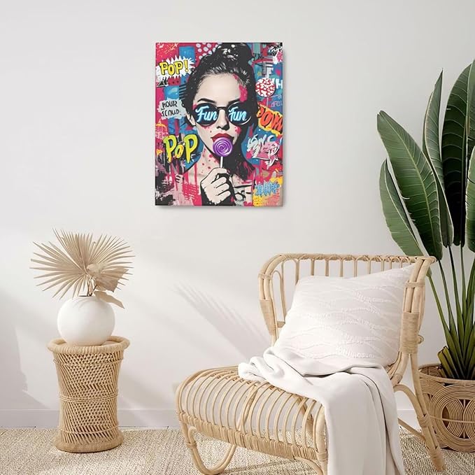 Fashion Women Wall Art Glam Modern Artwork for Girls Banksy Street Graffiti Pop Art Canvas Pictures Painting Print Framed Decorations Gifts for Bedroom Living Room Office 16"x20"-PawvioPets