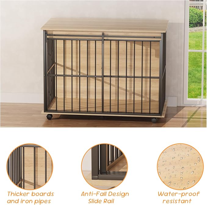 43.7" Dog Crate Furniture, XL Dog Crate Dog Kennel Indoor with Wheels for Large Medium Small Dogs, Wooden Dog Kennel End Table with Sliding Door Wooden Furniture Crates for Living Room, Bedroom-PawvioPets
