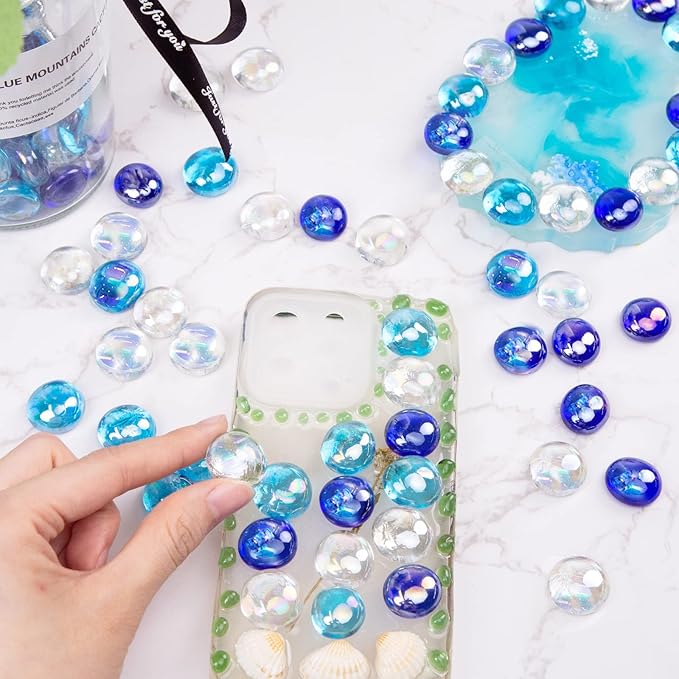 FUTUREPLUSX 1LB Iridescent Flat Glass Marbles, Blue Mixed Glass Beads Vase Fillers Decorative Gem Pebbles Sparkling Floral Fish Tank Rocks for Vases Table Scatter Aquarium Decor DIY Craft-PawvioPets