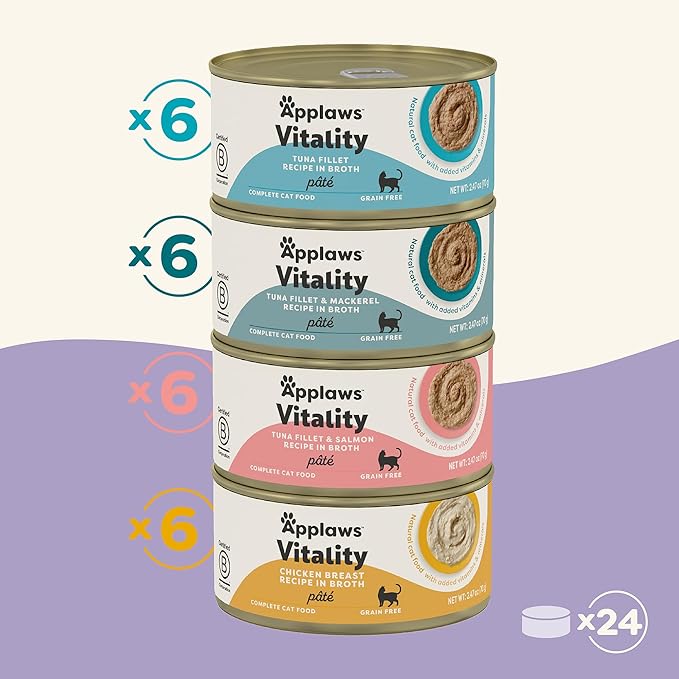 Applaws Vitality Wet Cat Food Paté, Natural Canned Cat Food, Wet Food for Cats with Added Vitamins and Minerals, Grain Free, Carrageenan Free, Variety Selection Paté (24 Count, 2.47 oz Cans)-PawvioPets