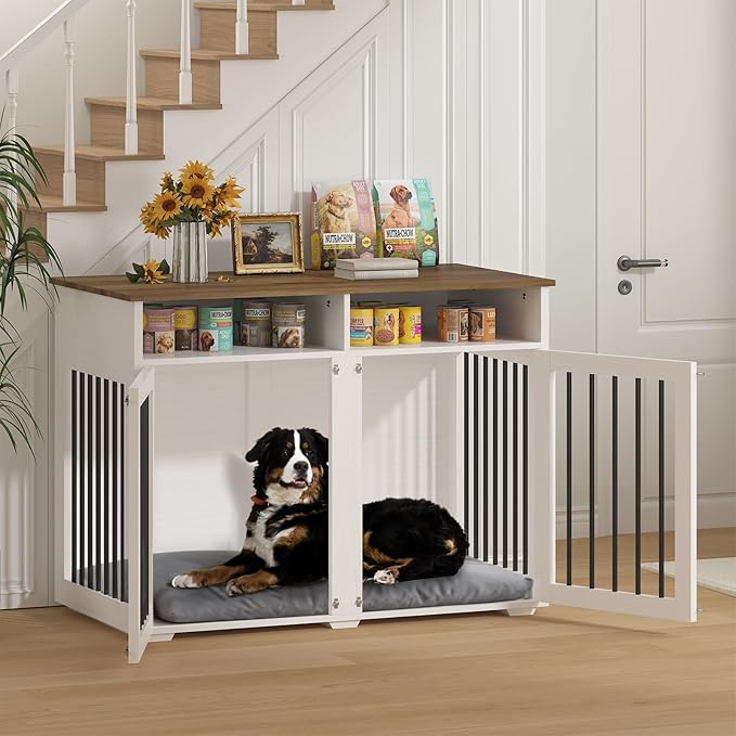 Furniture Dog Crate for 2 Dogs, 41 Inch Dog Kennel Furniture with Removable Divider and Shelf Storage, Wooden Dog Crate for Small/Medium Dogs, White-PawvioPets