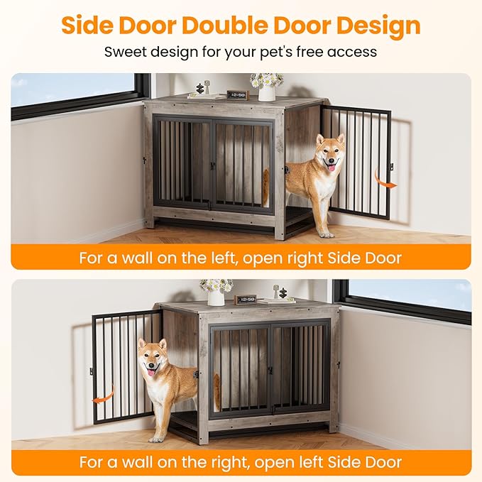 Dog Crate Furniture, Dog Crate End Table for Medium and Large Dogs,Wooden Cage Kennel Furniture Indoor, Modern Dog Crate with Multi-Purpose Removable Tray, Double-Doors Dog Furniture-PawvioPets