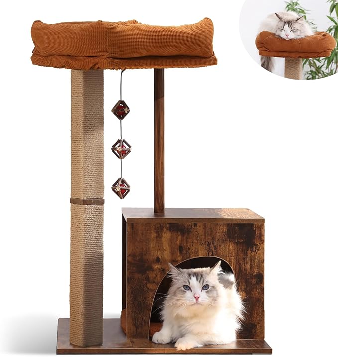 FUKUMARU Cat Scratching Post, Modern Style Cat Tree with Unique Square Post, Wooden Cat Tower with silvervine Balls, Retro Cat Condo Scratcher for Indoor Cats（Solid Wood）-PawvioPets