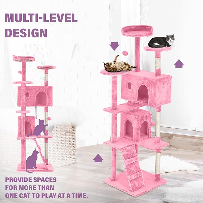 70 inches Cat Tower for Indoor Cats Multi-Level Cat Condos for XL Cat Tree Cat Climbing Tower with Scratching Posts, Hanging Toys,Pink-PawvioPets