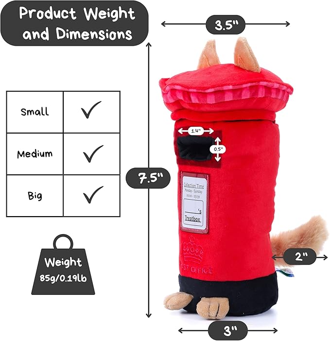 British Postbox Treat-Dispensing Soft Plush Squeaky Pet Toy - Iconic UK Enrichment Gift, Durable Cute & Fun Toy for Interactive Play, Hide Food for Nose-Work Puzzle, Small Medium Dogs-PawvioPets