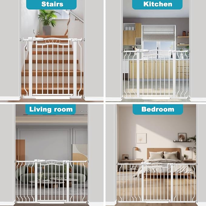 29.9-43.7 in Wide Baby Gate for Stairs Doorways, Auto Close Child Safety Gates Indoor for Dogs Pets, Pressure Mounted Metal Barrier Kids Toddler Door Walk Through, 30" Tall, White-PawvioPets