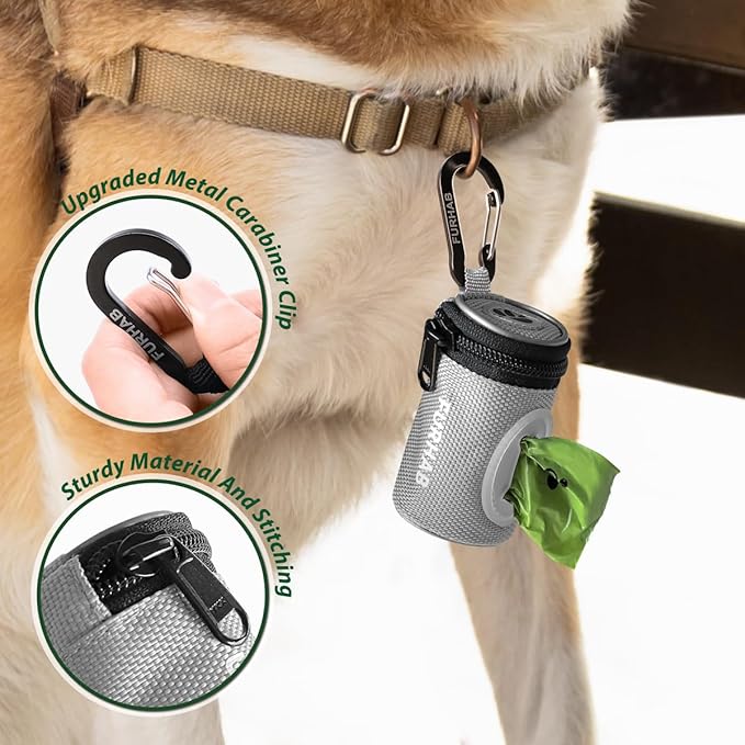 Glow Dog Poop Bag Holder for Leash Doggie Waste Bag Dispenser Puppy Potty Carrier Small Doggy Zipper Pouch with Carabiner Clip 1680D Nylon Oxford with 1 Roll of Pet Trash Bags, Silver-PawvioPets
