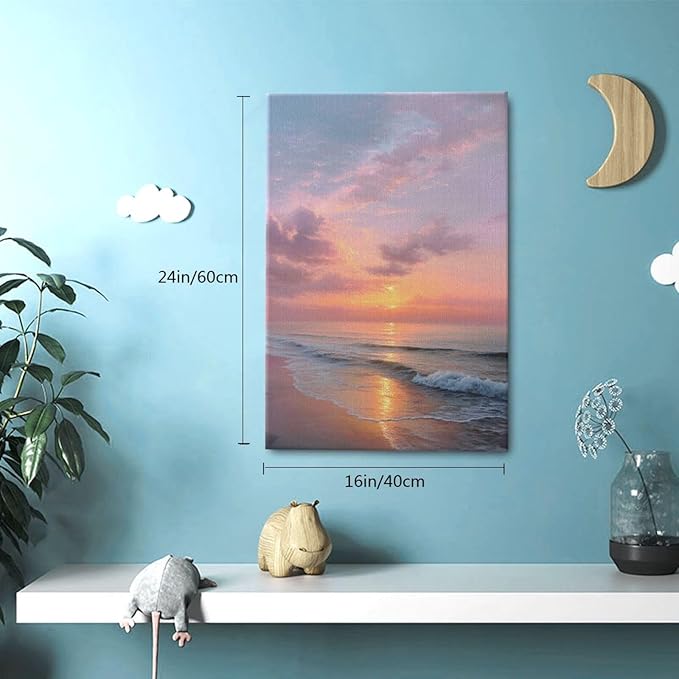 Beach Sunset Wall Art Ocean Coastal Scenery Wall Decor Seascape Picture Canvas Landscape Painting Print Framed Artwork Decorations for Living Room Office Bedroom Kitchen 16"x24"-PawvioPets