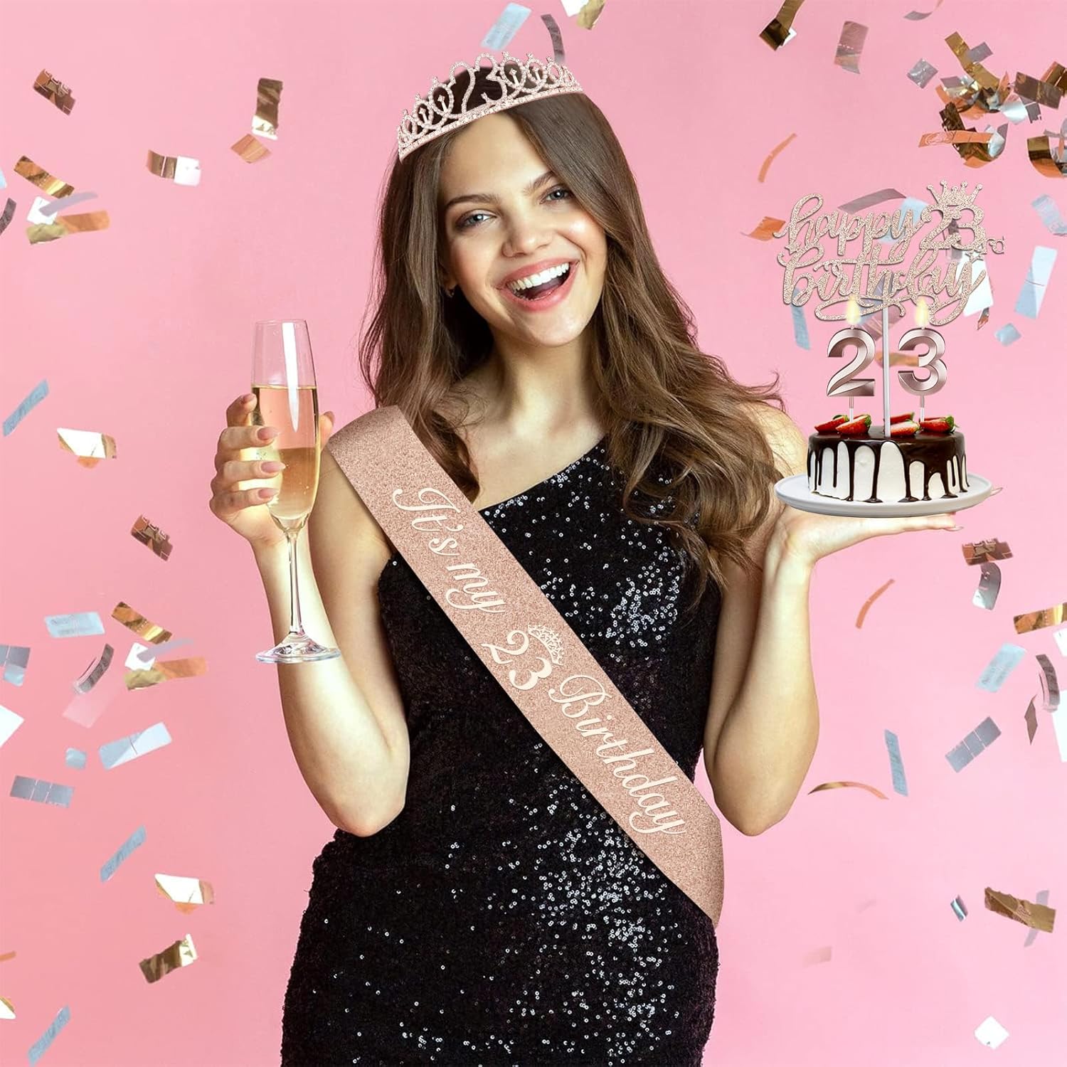23 Birthday Decorations for Women Including Sash and Tiara, Cake Topper and Candles, 23rd Birthday Gifts for Women, Rose Gold Party Decor Supplies