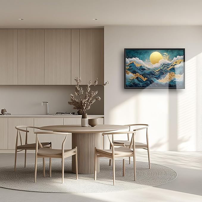 Framed Large Sun Mountain Wall Art, Oversized Teal and Golden Sun Wall Decor for Living Room, Abstract Landscape Canvas Painting Modern Artwork Home Decoration for Living Room Bedroom 36"x24"-PawvioPets