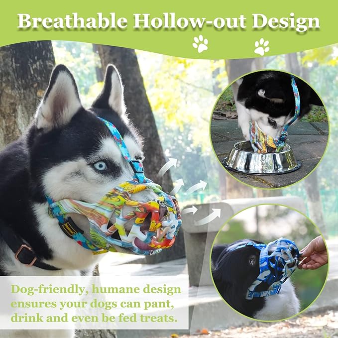 Dog Muzzle, Printed Basket Muzzle for Small Medium Large Dogs Dachshund, Beagle, German Shepherd, Breathable Pet Muzzles to Prevent Biting Chewing Scavenging, Allows Panting and Drinking-PawvioPets