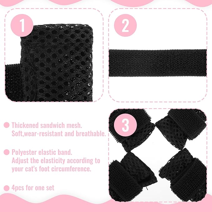 4Pcs Cat Shoes, Anti Scratch Cats Claw Covers, 3.62×1.57 Inches Breathable Mesh Nail Caps for Cats Claws, Adjustable Cat Mittens for Pet Bathing Feeding Cutting Nails(Black)-PawvioPets