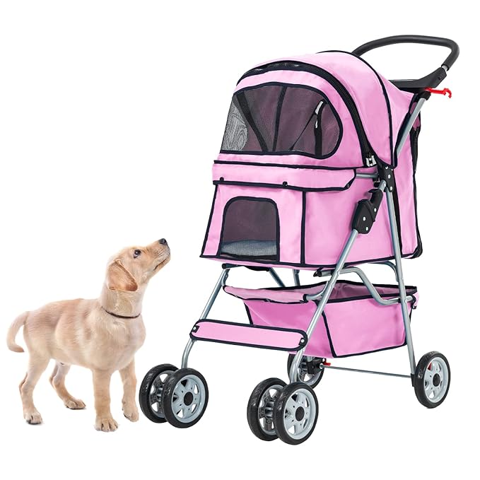 Dog Stroller, Folding 4 Wheels Pet Stroller for Small Medium Dog Cat Travel Carrier with Weather Cover Storage Basket Cup Holders Pink-PawvioPets
