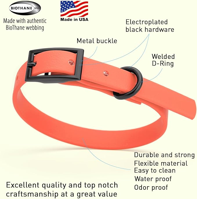 Dogline Biothane Waterproof Dog Collar Strong Coated Nylon Webbing with Black Hardware Odor- Proof for Easy Care Easy to Clean High Performance Fits Small Medium or Large Dogs, Coral-PawvioPets