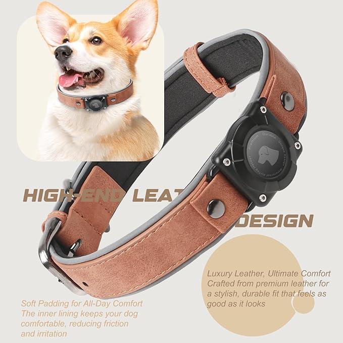 AirTag Dog Collar - Leather Dog Collar with Air Tag Holder | IPX8 Waterproof, Reflective, High - End, Adjustable Soft Padded | Dog GPS Tracker Collars Fit for Medium Large Dogs (Mahogany Brown, L)-PawvioPets