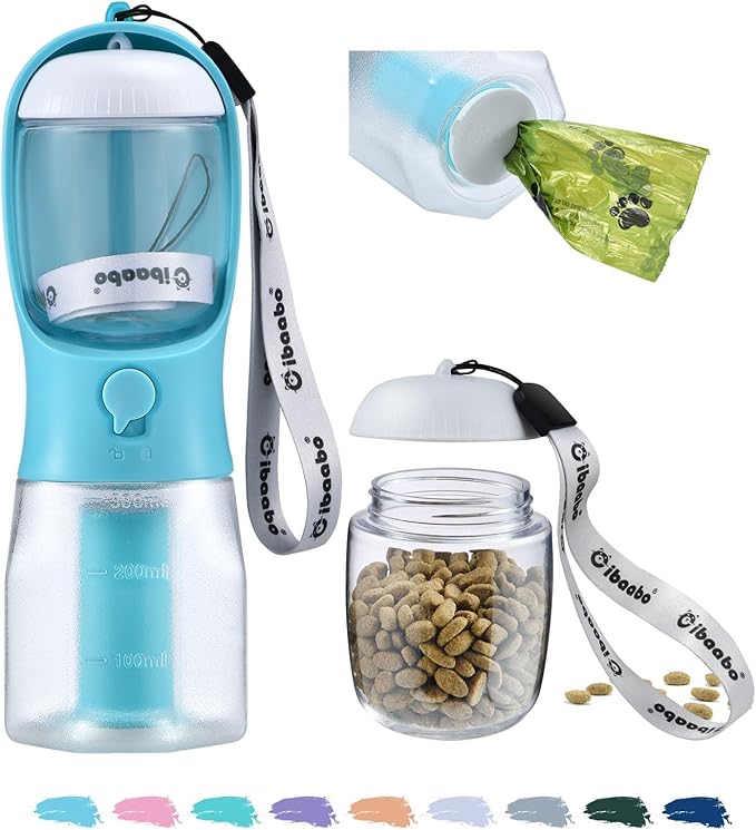 Dog Water Bottle with Food Container & Poop Bag Holder, Travel Water Bowl, Portable Pet Dispenser, Dog Stuff Accessories Items, Puppy Essentials Necessities for Yorkie Chihuahua Walking Hiking-PawvioPets
