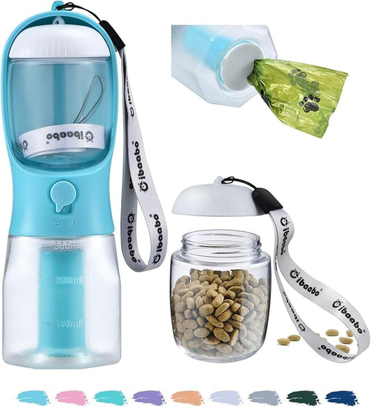 Dog Water Bottle with Food Container & Poop Bag Holder, Travel Water Bowl, Portable Pet Dispenser, Dog Stuff Accessories Items, Puppy Essentials Necessities for Yorkie Chihuahua Walking Hiking-PawvioPets