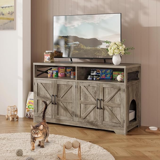 Cat Litter Box Enclosure for 2 Cats, 47" Hidden Litter Box Furniture Cat Washroom with Double Large Room, Farmhouse Indoor Litter Box Cabinet TV Stand, Grey-PawvioPets