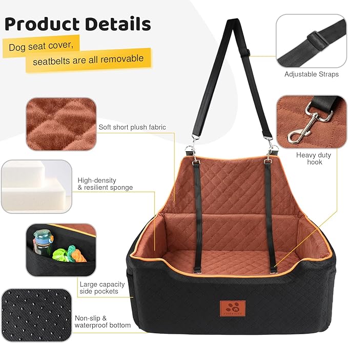 Dog Car Seat for Large/Medium Dog, Booster Seat for Dogs Under 55Lbs or 2 Small, Detachable and Washable Travel Pet Seat with Thick Cushion and Storage Pockets (Black/Brown)-PawvioPets