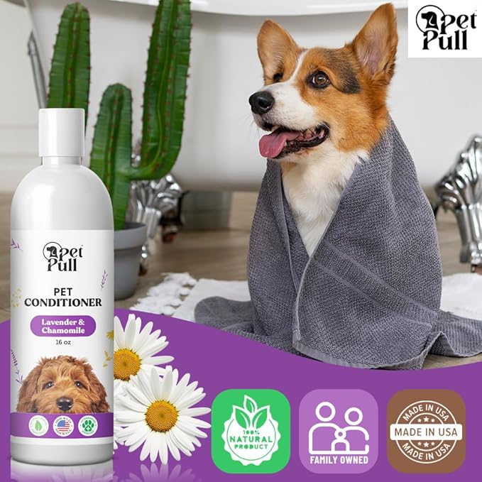 Dog Conditioner Puppy Essentials - Moisturizing Conditioner for Dogs with Lavender and Chamomile Scent - Plant Based Dog Bath Supplies Detangle and Revive Pet's Coat - Made in USA (16 Oz)-PawvioPets