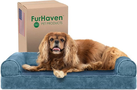 Furhaven Cooling Gel Dog Bed for Medium/Small Dogs w/ Removable Bolsters & Washable Cover, For Dogs Up to 35 lbs - Faux Fur & Velvet Sofa - Harbor Blue, Medium-PawvioPets
