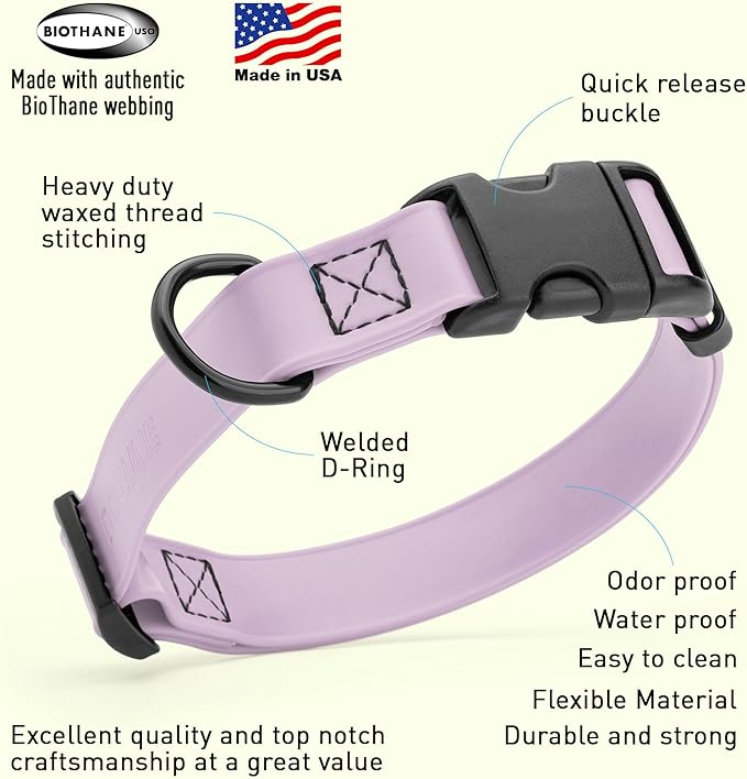 Dogline Biothane Waterproof Dog Collar with Quick Release Buckle Strong Coated Nylon Webbing with Odor- Proof for Easy Care Easy to Clean Fits Small Medium Large Dogs, Lavender 1" W 15-23" L-PawvioPets
