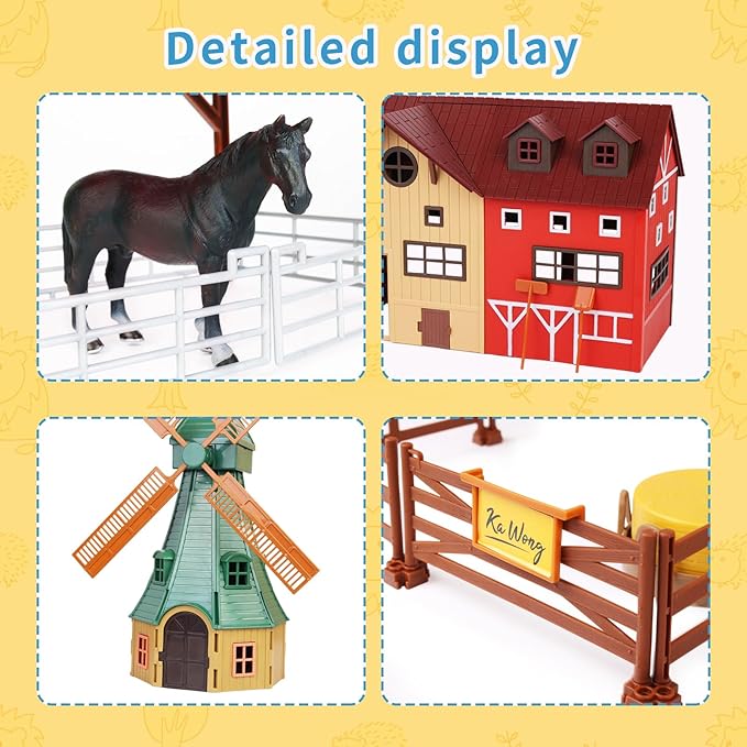 Farm Animals Figurines Toys -140 pcs Toy Set Barn Toy Horse Stable Tractor Trailer Windmill Farmer Fence Playset for Kids Toddlers Boy Girl 3-7 Years Old-PawvioPets