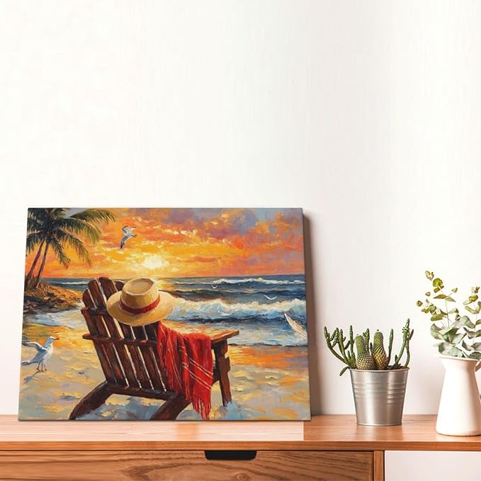 Beach Coastal Bathroom Pictures Wall Art, Seaside Ocean Bathroom Wall Decor, Sunrise Palm Framed Painting Canvas Artwork for Bedroom Living Room Decorations 16"L x 12"W-PawvioPets